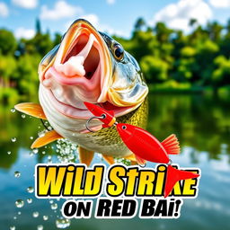 A captivating close-up of a large bass fish lunging towards a bright red artificial fish lure, depicting intense action as water droplets splash around