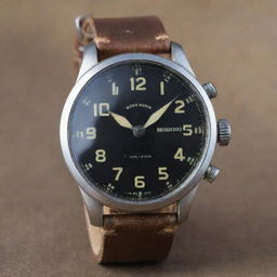 A dieselpunk style wristwatch, boasting a rugged, industrial aesthetic. Enclosed in a sturdy steel case with oversized hands and numerals mirroring 1940s aviation dials, meshed with futuristic elements, all attached to a sturdy leather strap.