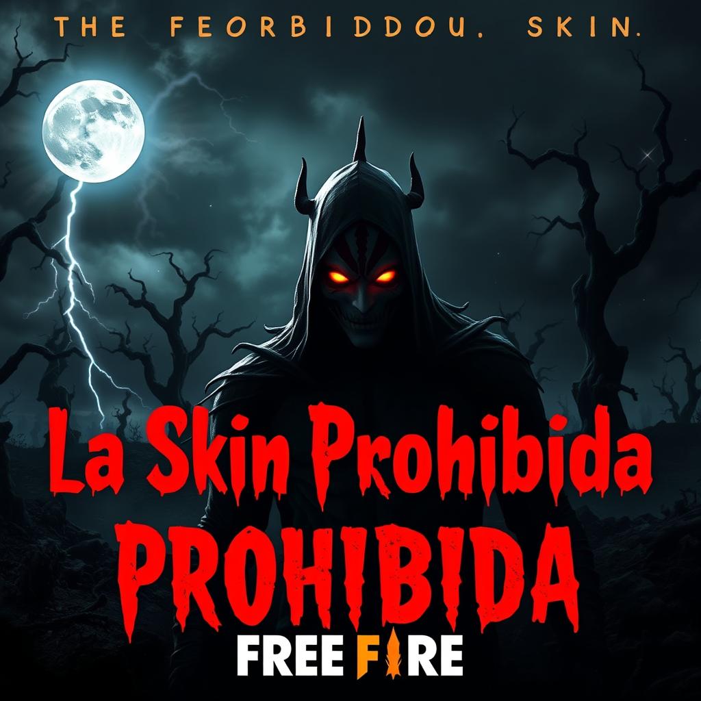 A chilling and eerie YouTube thumbnail featuring "The Forbidden Skin" from Free Fire