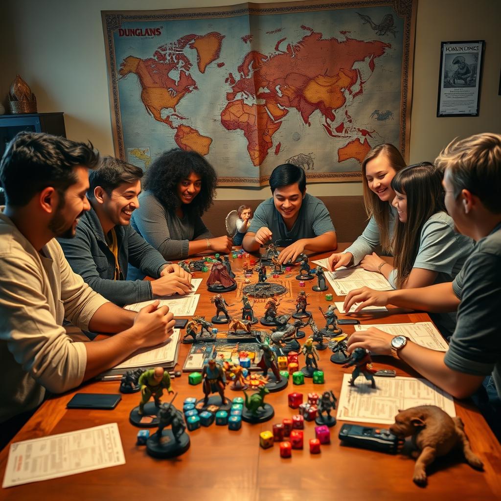 A vibrant and dynamic Dungeons & Dragons gaming table scene, featuring diverse players who are deeply engaged in their game