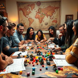 A vibrant and dynamic Dungeons & Dragons gaming table scene, featuring diverse players who are deeply engaged in their game