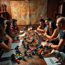 A vibrant and dynamic Dungeons & Dragons gaming table scene, featuring diverse players who are deeply engaged in their game