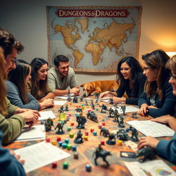 A vibrant and dynamic Dungeons & Dragons gaming table scene, featuring diverse players who are deeply engaged in their game