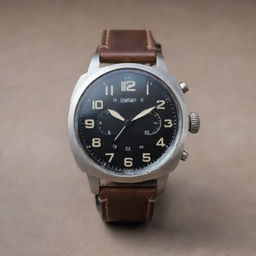 A dieselpunk style wristwatch, boasting a rugged, industrial aesthetic. Enclosed in a sturdy steel case with oversized hands and numerals mirroring 1940s aviation dials, meshed with futuristic elements, all attached to a sturdy leather strap.