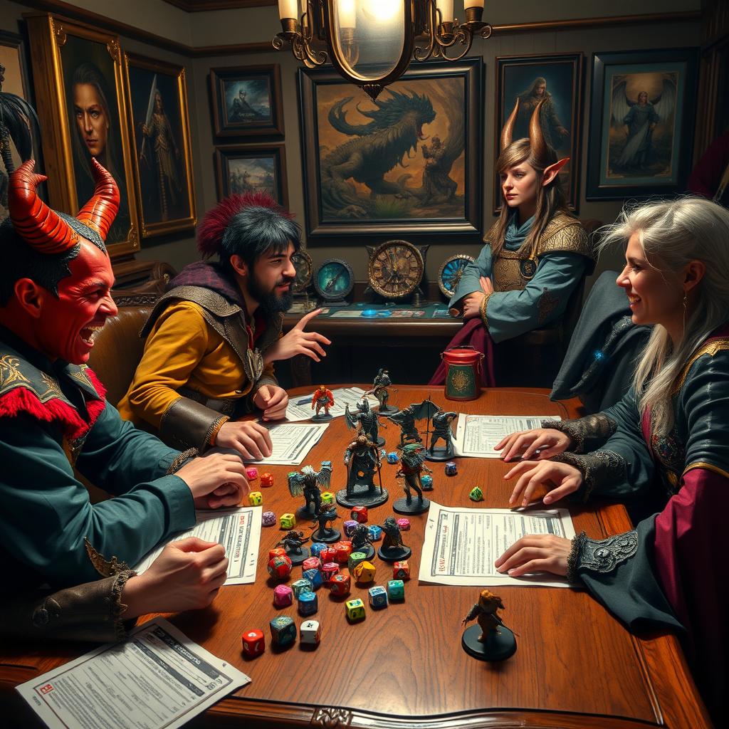 A lively Dungeons & Dragons gaming table featuring a diverse group of players: a young tiefling wizard with striking red skin and horns, a charismatic human bard dressed in flamboyant attire, a focused human sorcerer with an intense gaze, and a thoughtful half-elf sorcerer with pointed ears and a mystical aura