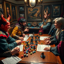 A lively Dungeons & Dragons gaming table featuring a diverse group of players: a young tiefling wizard with striking red skin and horns, a charismatic human bard dressed in flamboyant attire, a focused human sorcerer with an intense gaze, and a thoughtful half-elf sorcerer with pointed ears and a mystical aura