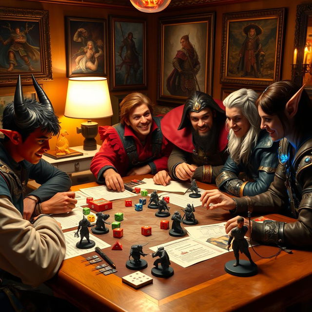 A lively Dungeons & Dragons gaming table featuring a diverse group of players: a young tiefling wizard with striking red skin and horns, a charismatic human bard dressed in flamboyant attire, a focused human sorcerer with an intense gaze, and a thoughtful half-elf sorcerer with pointed ears and a mystical aura