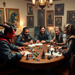 A lively Dungeons & Dragons gaming table featuring a diverse group of players: a young tiefling wizard with striking red skin and horns, a charismatic human bard dressed in flamboyant attire, a focused human sorcerer with an intense gaze, and a thoughtful half-elf sorcerer with pointed ears and a mystical aura