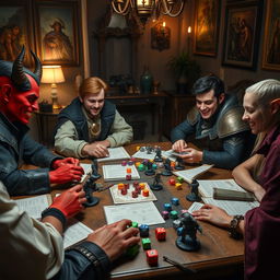 A lively Dungeons & Dragons gaming table featuring a diverse group of players: a young tiefling wizard with striking red skin and horns, a charismatic human bard dressed in flamboyant attire, a focused human sorcerer with an intense gaze, and a thoughtful half-elf sorcerer with pointed ears and a mystical aura