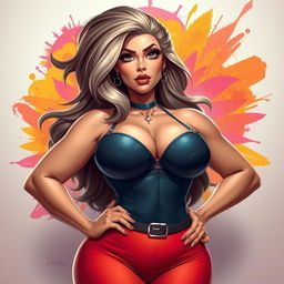 A stylized portrait of a confident woman with exaggerated proportions, especially emphasizing her large breasts