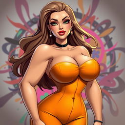 A stylized portrait of a confident woman with exaggerated proportions, especially emphasizing her large breasts