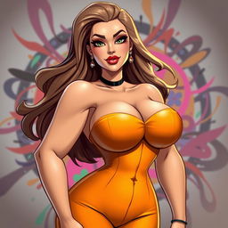 A stylized portrait of a confident woman with exaggerated proportions, especially emphasizing her large breasts