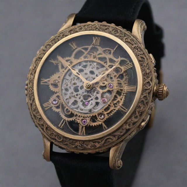 A gaspunk style wristwatch with an intricate design that encapsulates the era of gaslight romance. Visualize an ornate brass casing encasing an elaborate network of gears and dials, complemented by an intricate lace or velvet band.