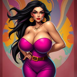 A stylized portrait of a confident woman with exaggerated proportions, especially emphasizing her large breasts