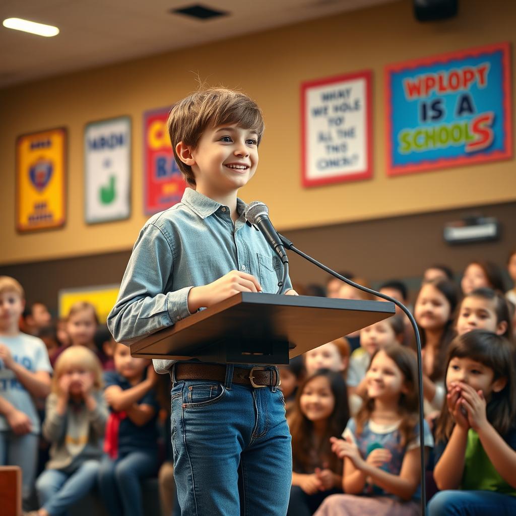 A young boy confidently delivering a speech at a school auditorium, standing at a podium with a microphone, surrounded by attentive classmates