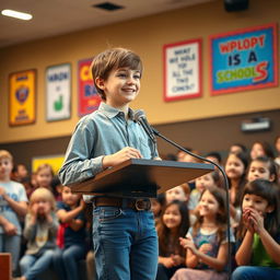 A young boy confidently delivering a speech at a school auditorium, standing at a podium with a microphone, surrounded by attentive classmates