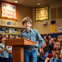 A young boy confidently delivering a speech at a school auditorium, standing at a podium with a microphone, surrounded by attentive classmates