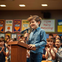 A young boy confidently delivering a speech at a school auditorium, standing at a podium with a microphone, surrounded by attentive classmates