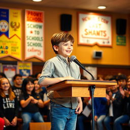 A young boy confidently delivering a speech at a school auditorium, standing at a podium with a microphone, surrounded by attentive classmates