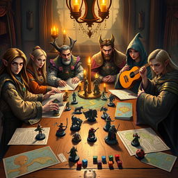 An enchanting tabletop RPG setting featuring a diverse group of players around a beautifully crafted wooden game table