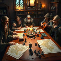 An enchanting tabletop RPG setting featuring a diverse group of players around a beautifully crafted wooden game table