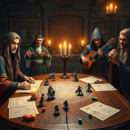 An enchanting tabletop RPG setting featuring a diverse group of players around a beautifully crafted wooden game table