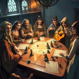 An enchanting tabletop RPG setting featuring a diverse group of players around a beautifully crafted wooden game table