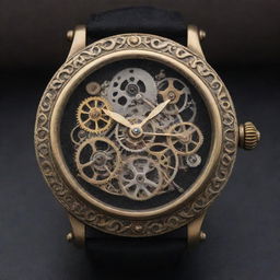 A gaspunk style wristwatch with an intricate design that encapsulates the era of gaslight romance. Visualize an ornate brass casing encasing an elaborate network of gears and dials, complemented by an intricate lace or velvet band.