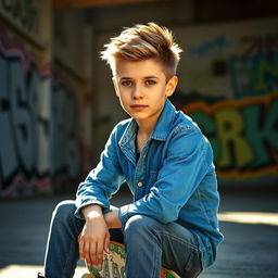 A portrait of a cool teenage boy with short, stylish hair, wearing a trendy blue shirt and jeans