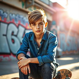 A portrait of a cool teenage boy with short, stylish hair, wearing a trendy blue shirt and jeans