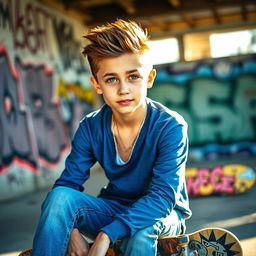 A portrait of a cool teenage boy with short, stylish hair, wearing a trendy blue shirt and jeans