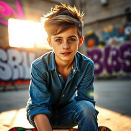 A portrait of a cool teenage boy with short, stylish hair, wearing a trendy blue shirt and jeans