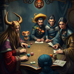 A captivating tabletop RPG scene featuring a group of players gathered around an intricately designed game table