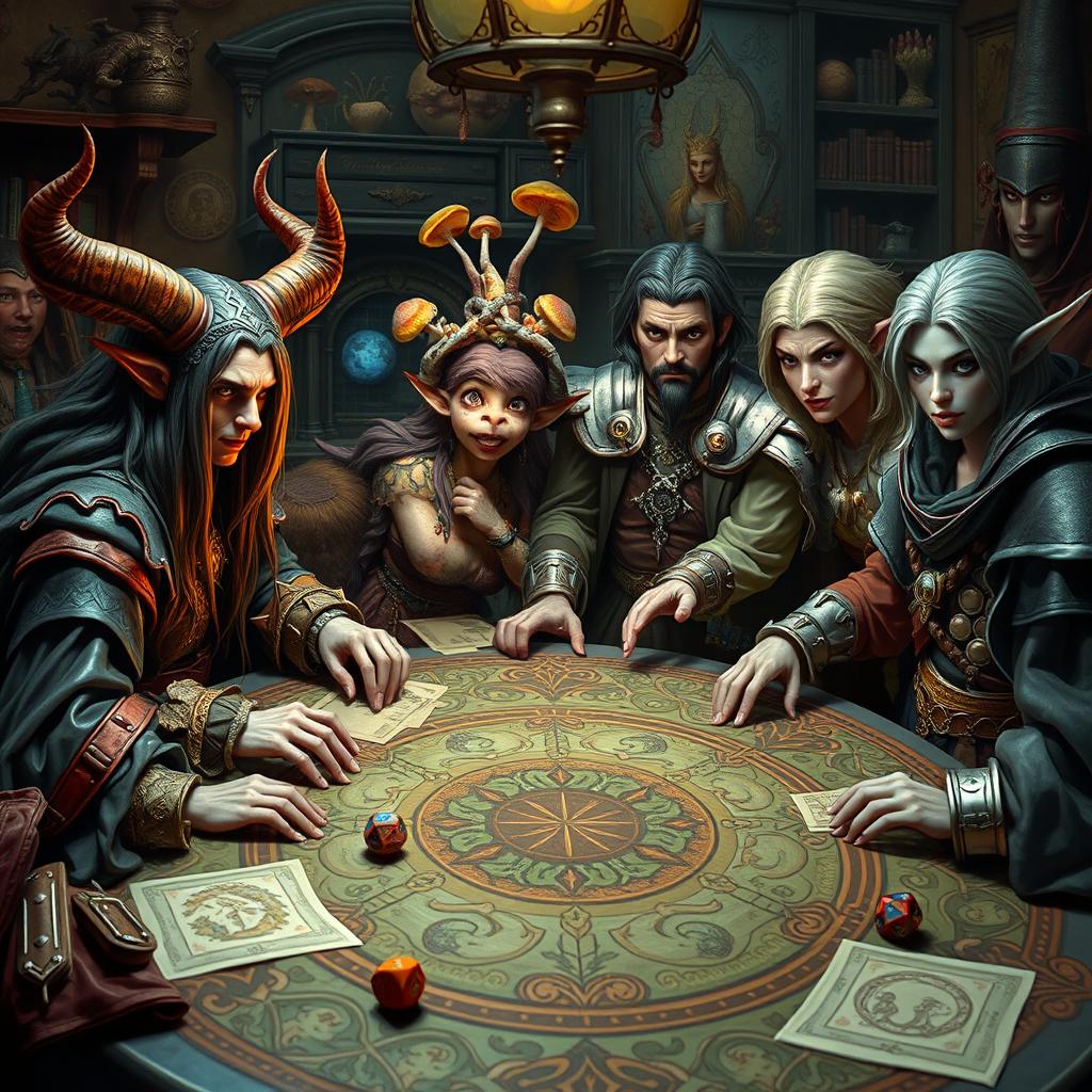 A captivating tabletop RPG scene featuring a group of players gathered around an intricately designed game table