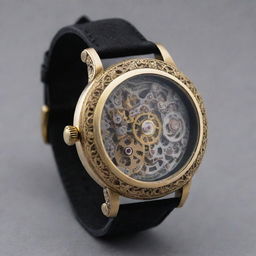 A gaspunk style wristwatch with an intricate design that encapsulates the era of gaslight romance. Visualize an ornate brass casing encasing an elaborate network of gears and dials, complemented by an intricate lace or velvet band.