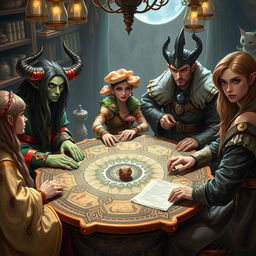 A captivating tabletop RPG scene featuring a group of players gathered around an intricately designed game table