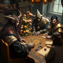 A captivating tabletop RPG scene featuring a group of players gathered around an intricately designed game table