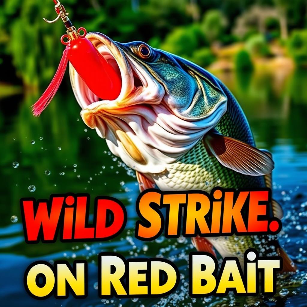 An intense close-up of a large bass fish fiercely attacking a bright red artificial fish lure, showcasing splashes of water around it to convey dynamic action