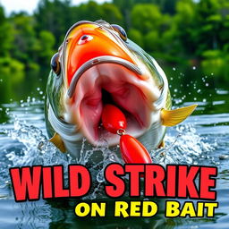 An intense close-up of a large bass fish fiercely attacking a bright red artificial fish lure, showcasing splashes of water around it to convey dynamic action