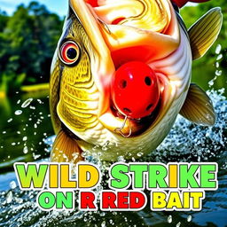 An intense close-up of a large bass fish fiercely attacking a bright red artificial fish lure, showcasing splashes of water around it to convey dynamic action