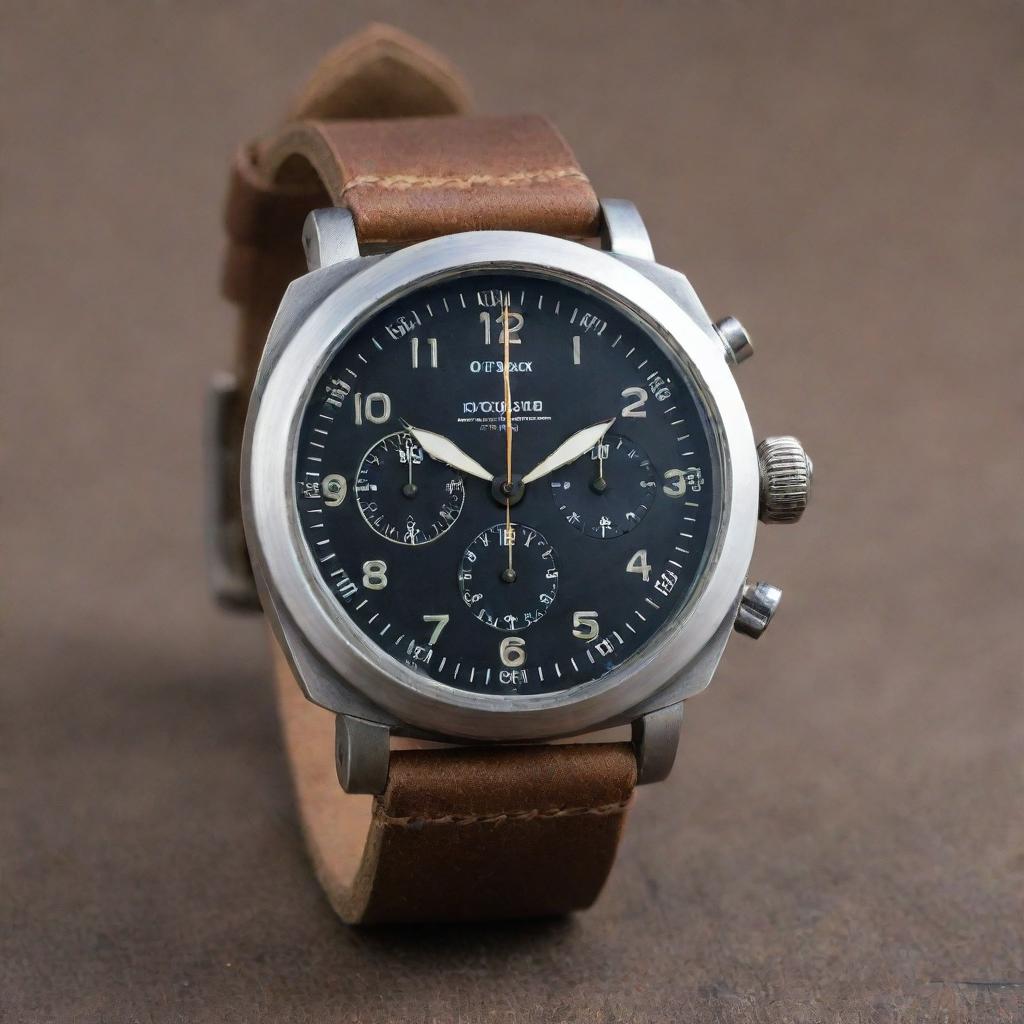 An oilpunk style wristwatch displaying an industrial, mid-century aesthetic. Imagine a robust steel-framed watch showcasing rustic oil gauges and pressure indicators as its dials, complimented by stout leather straps.