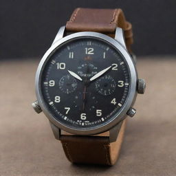 An oilpunk style wristwatch displaying an industrial, mid-century aesthetic. Imagine a robust steel-framed watch showcasing rustic oil gauges and pressure indicators as its dials, complimented by stout leather straps.