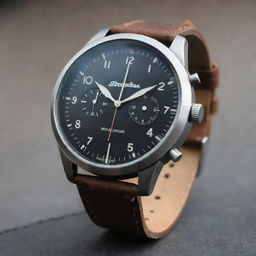 An oilpunk style wristwatch displaying an industrial, mid-century aesthetic. Imagine a robust steel-framed watch showcasing rustic oil gauges and pressure indicators as its dials, complimented by stout leather straps.