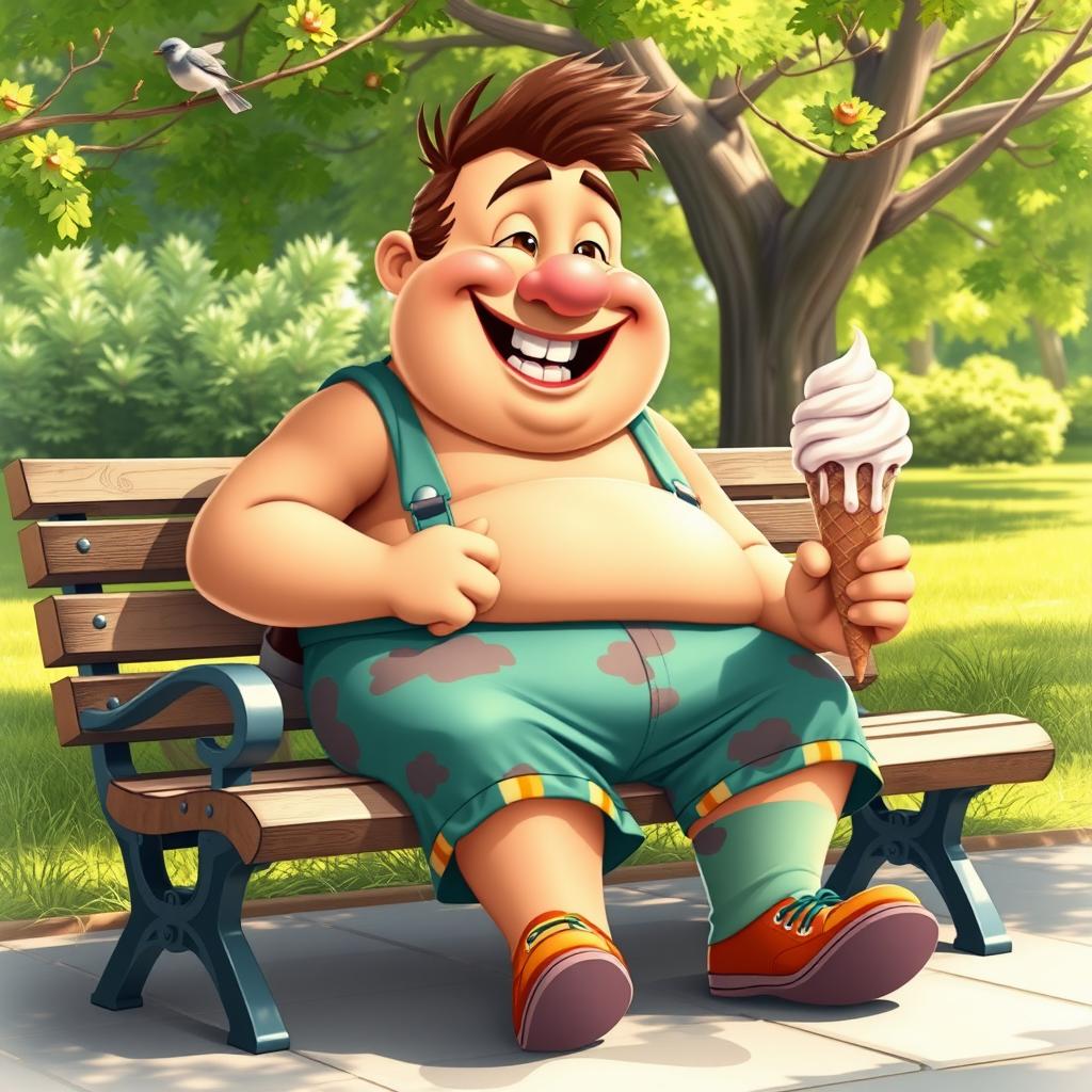 A cheerful, jolly character with a big belly, sitting comfortably on a park bench