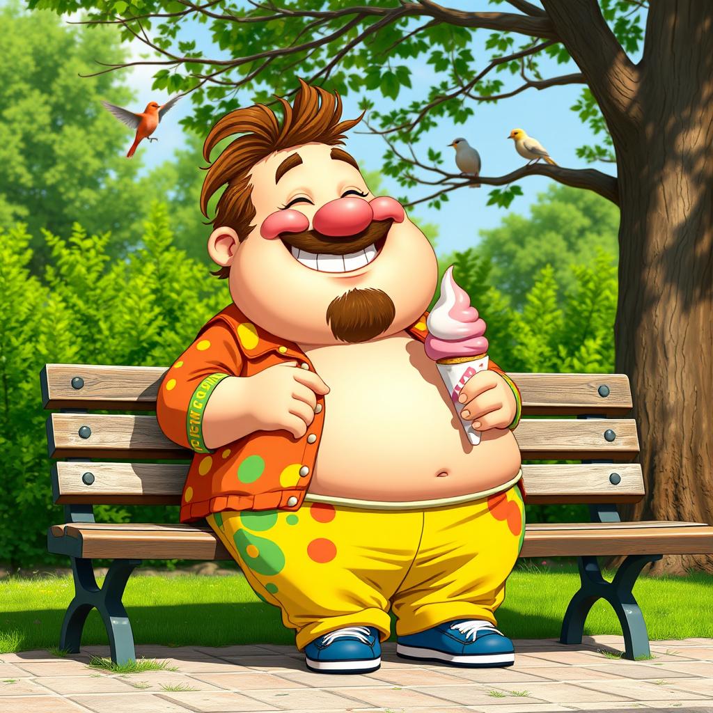 A cheerful, jolly character with a big belly, sitting comfortably on a park bench