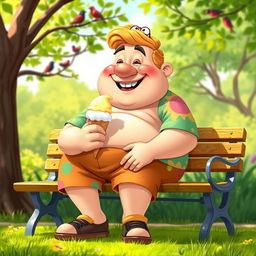 A cheerful, jolly character with a big belly, sitting comfortably on a park bench