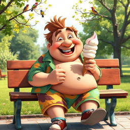 A cheerful, jolly character with a big belly, sitting comfortably on a park bench