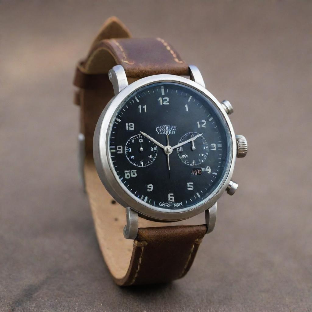 An oilpunk style wristwatch displaying an industrial, mid-century aesthetic. Imagine a robust steel-framed watch showcasing rustic oil gauges and pressure indicators as its dials, complimented by stout leather straps.