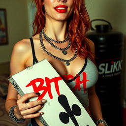 A close-up torso shot of a stunning redhead female with a large chest, wearing a tank top adorned with punk chains