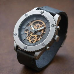 A machinepunk styled wristwatch, resplendent with the ruggedness of raw machinery. It features a hardened layer of steel and sprocket, frame encasing visibly moving gears and pinions, all linked to a practical, industrial-chic strap.